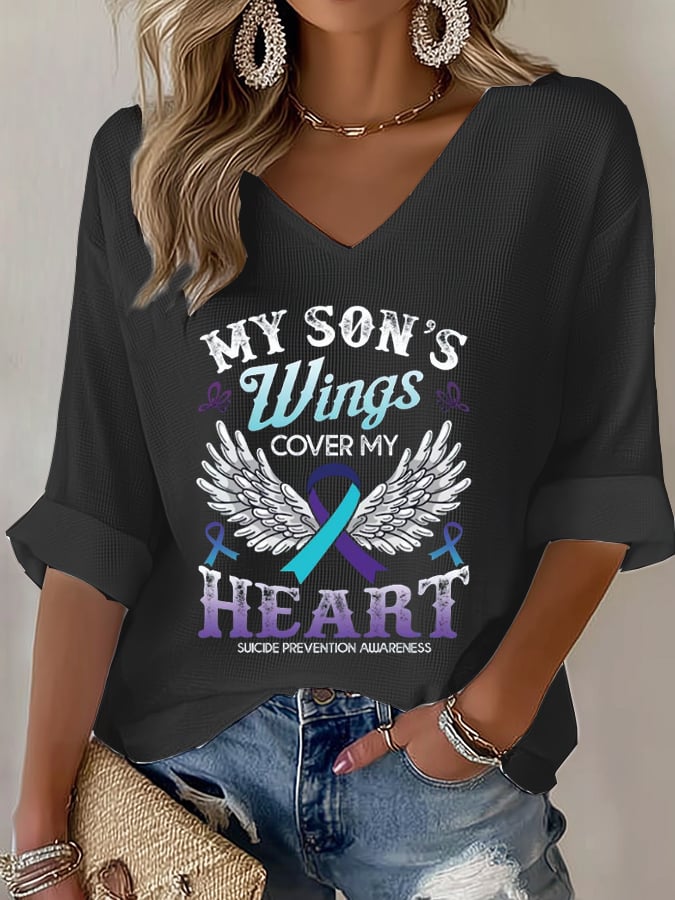Women's My Sons Wings Cover My Heart Print Casual T-Shirt