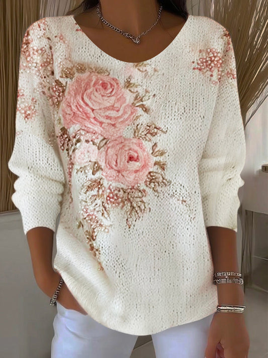 Women's Early Autumn Knitted Floral Sweater Textured Printed Casual Top