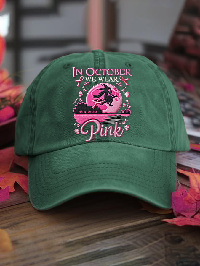 Women's casual October we wear pink witch washed cotton hat