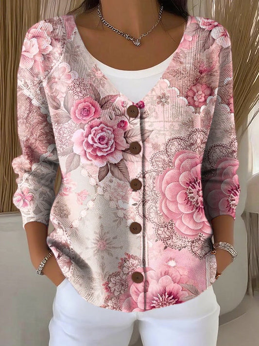 Women's Retro Pink Art Print Cardigan