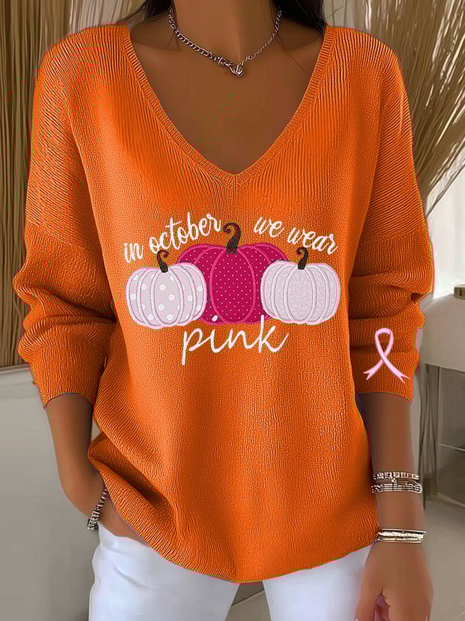 Women's Breast Cancer Pumpkin Print Casual Striped Fabric Long Sleeve T-Shirt