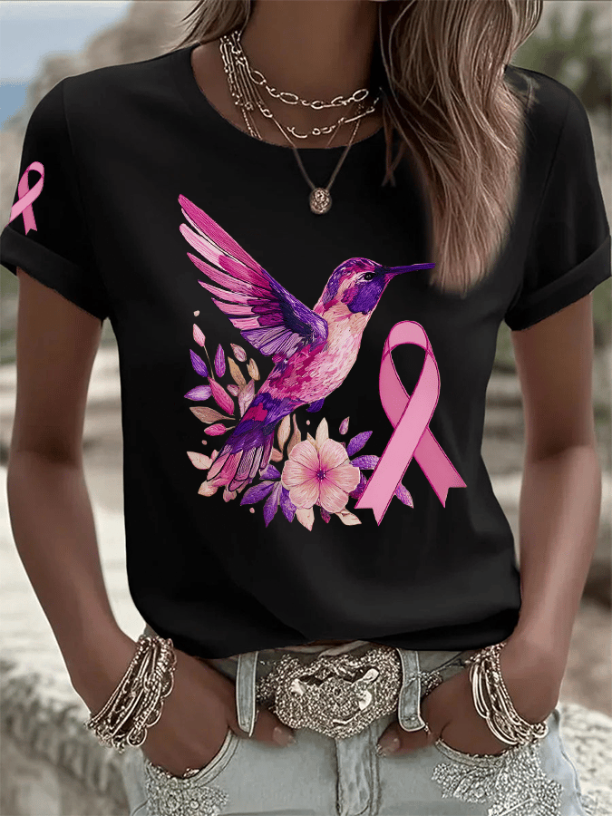 Women's Breast Cancer Hummingbird Print Crew Neck T-Shirt