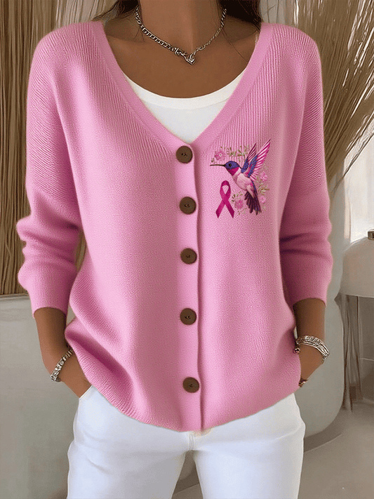 Women's Breast Cancer Hummingbird Print Cardigan