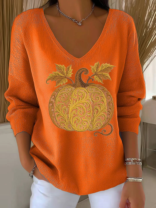 Women's Casual Trough Striped Autumn Pumpkin Floral Long Sleeve T-Shirt