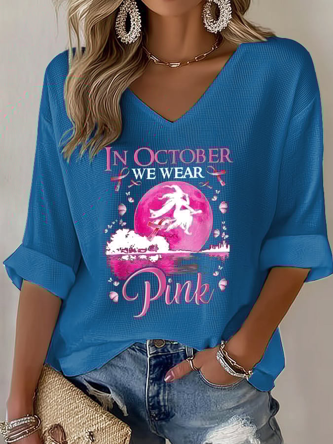 Women's Casual October We Wear Pink Witch Waffle Long Sleeve T-Shirt