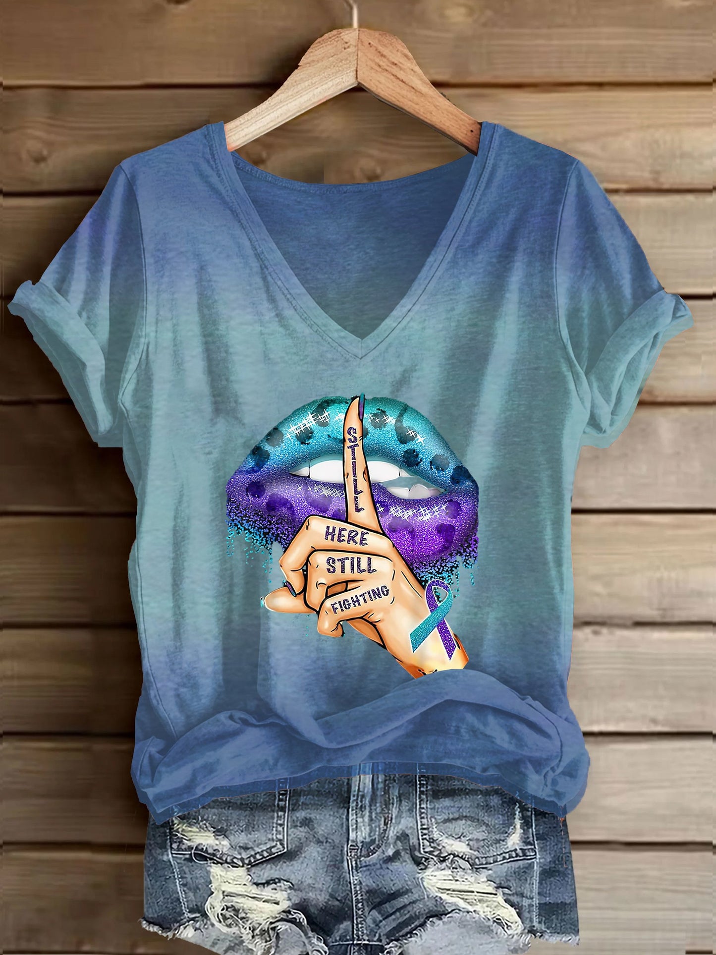 Women's Suicide Prevention Awareness Still Here Still Fighting Lips Printed Casual T-Shirt