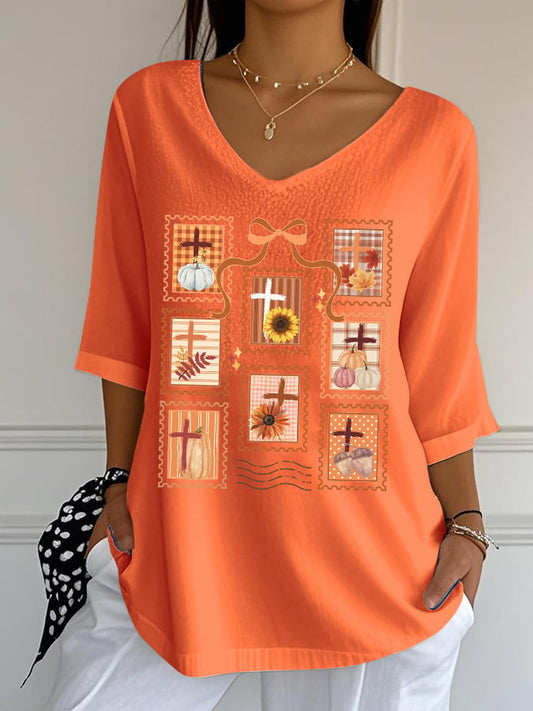 Women's Autumn Pumpkin Season Print Mid-Sleeve Casual T-Shirt