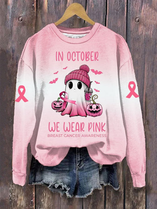 Women's Breast Cancer Ghost Print Crew Neck Sweatshirt