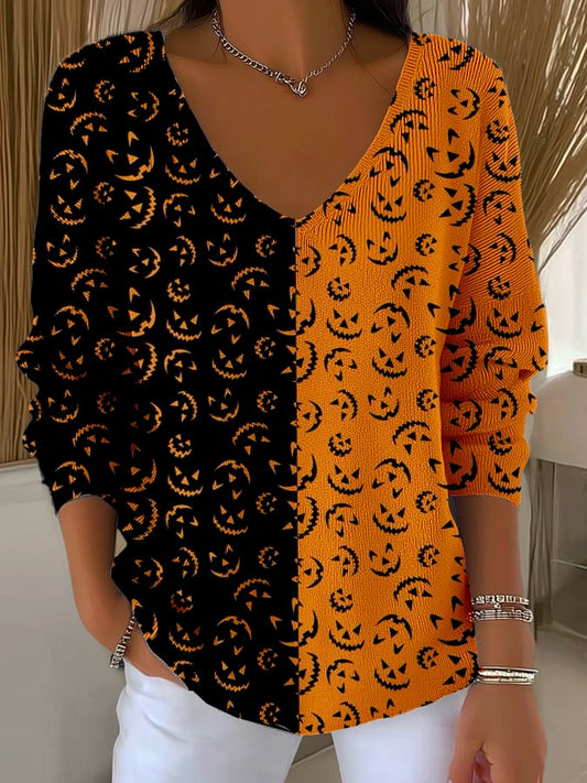 Women's Halloween Pumpkin Ghost Face Design Printed Casual Pit Strip Fabric Long-Sleeved T-Shirt