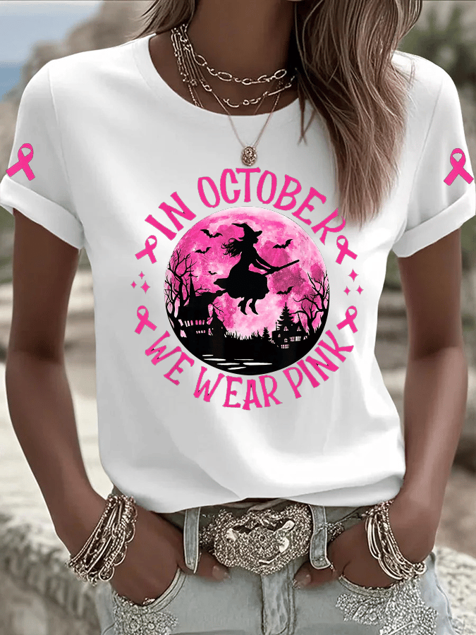 Women's In October We Wear Pink Print Crew Neck T-Shirt
