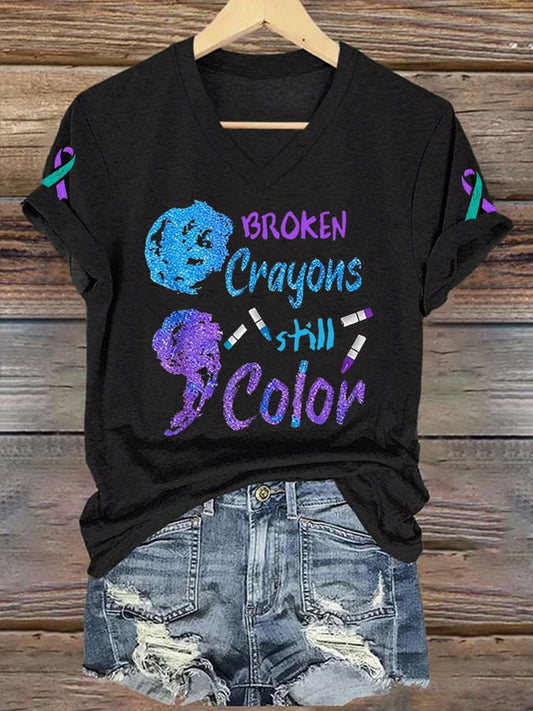 Womens Mental Health Prevention Suicide Awareness Broken Crayons Still Color Print Casual T-Shirt