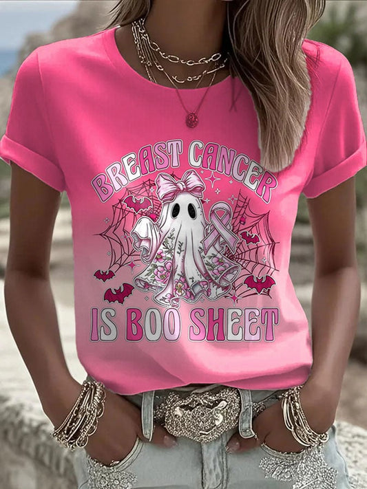 Women's Breast Cancer Ghost BREAST CANCER IS BOO SHEET Print Crew Neck T-Shirt