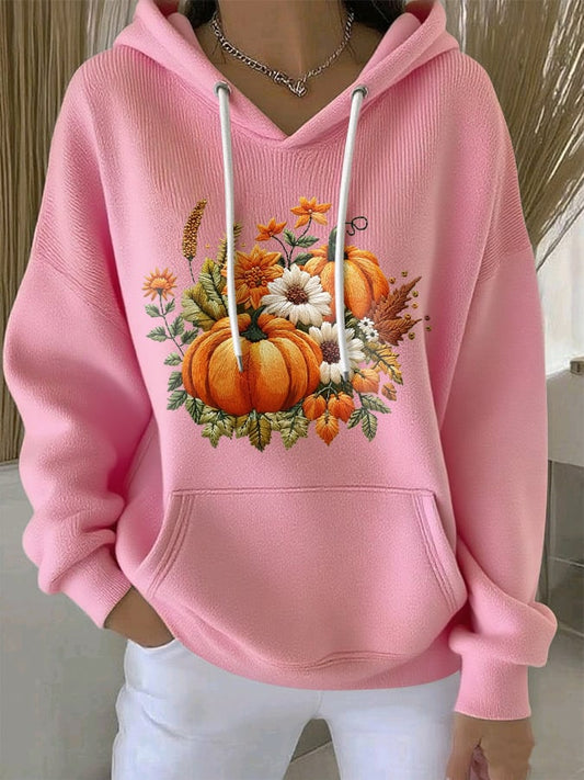 Women's Casual Autumn Pumpkin Long Sleeve Ribbed Hoodie