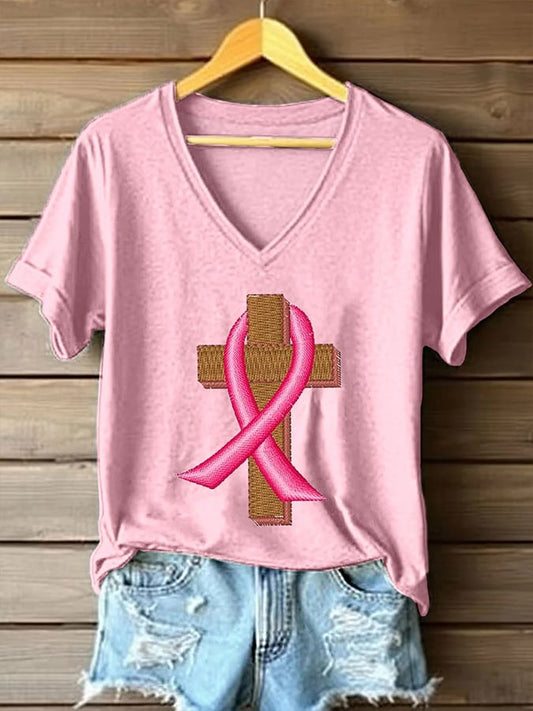 Women's Breast Cancer Awareness Print V Neck T-shirt