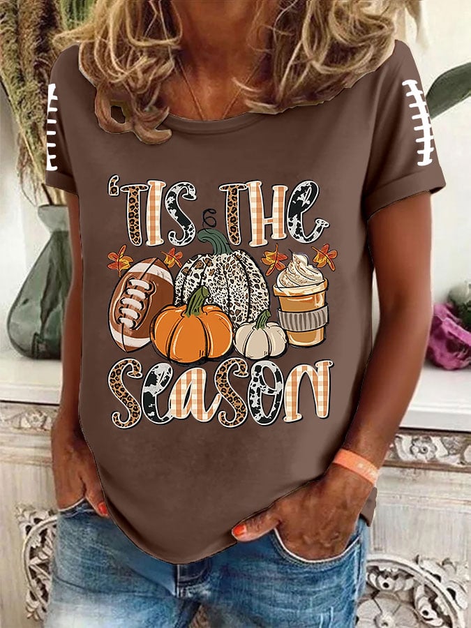 Women's FALL Football TIS THE SEASON Printed Round Neck T-Shirt