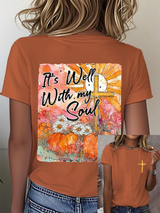 Women's Retro Fall Bible Its Well My Soul Print T-Shirt