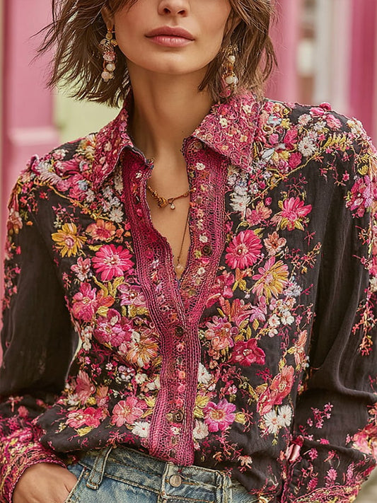 Women's Vintage Pink Floral Art Linen Blend Shirt