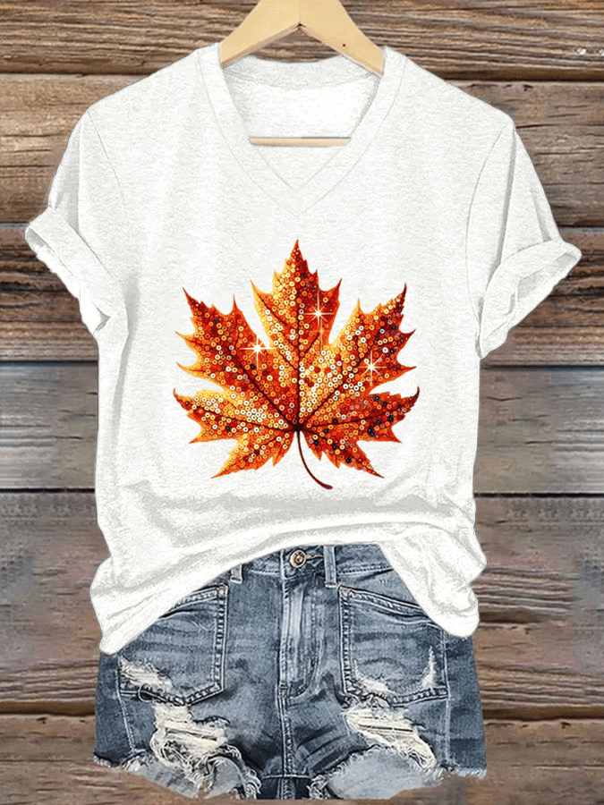 Women's Autumn Sequin Maple Leaf Print V-Neck T-Shirt