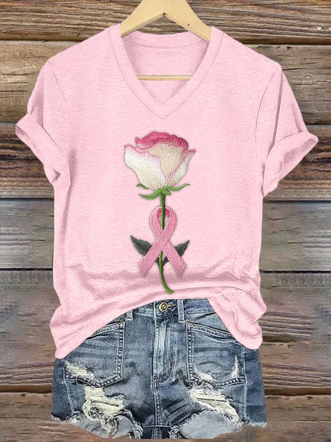 Women's embroidered pink floral print T-shirt