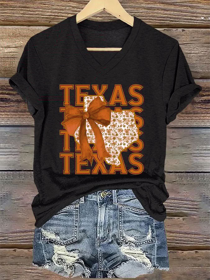 V-Neck Retro Burnt Orange Texas Coquette Bow Print T-Shirt