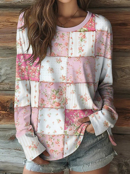 Women's Pink Floral Art Breast Cancer Awareness Print Casual Long Sleeve T-Shirt