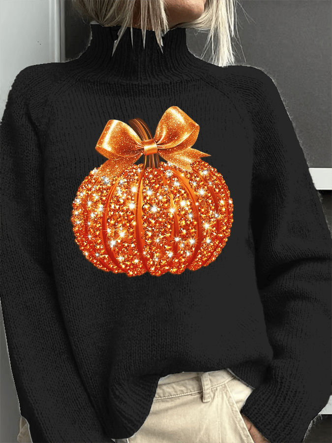 Women's Fall Sequin Pumpkin Turtleneck Sweater