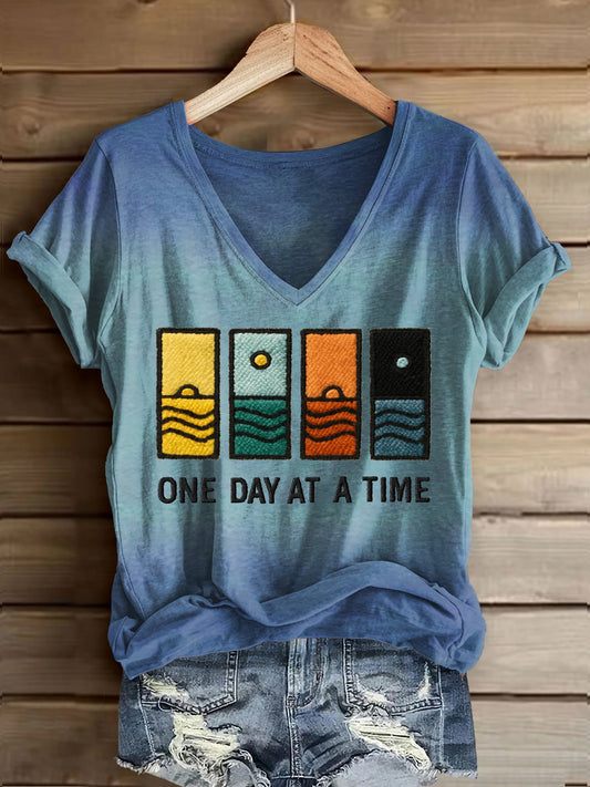 Women's Retro One Day At A Time Printed Casual T-Shirt