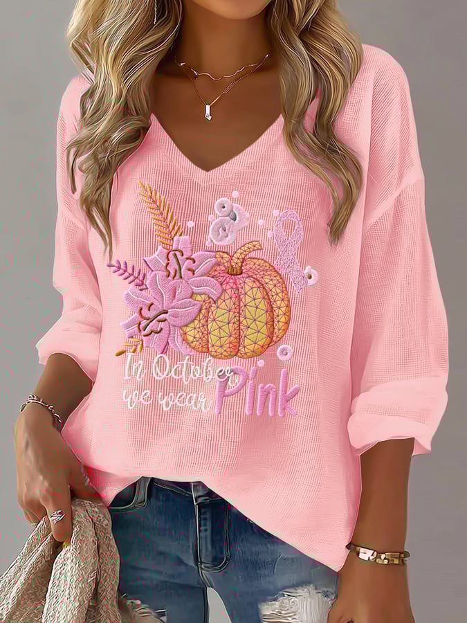 Women's Casual Lily Pumpkin October We Wear Pink Waffle Long-Sleeved T-Shirt