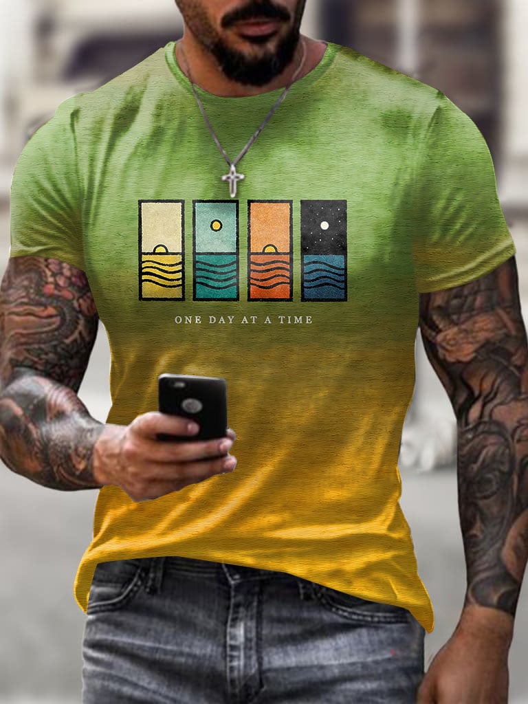 Men's Retro One Day At A Time Print Short Sleeve T-shirt