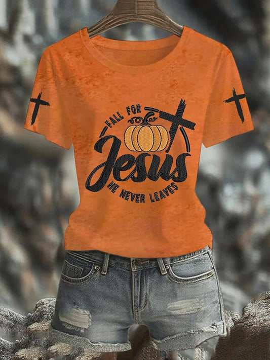 Women's He Never Leaves Faith  Print Shirt