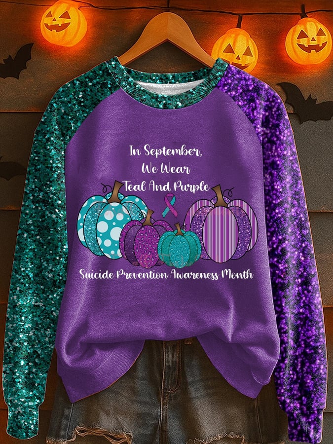 Women's In September We Wear Teal And Purple Suicide Prevention Awareness Print Raglan Sleeve Sweatshirt