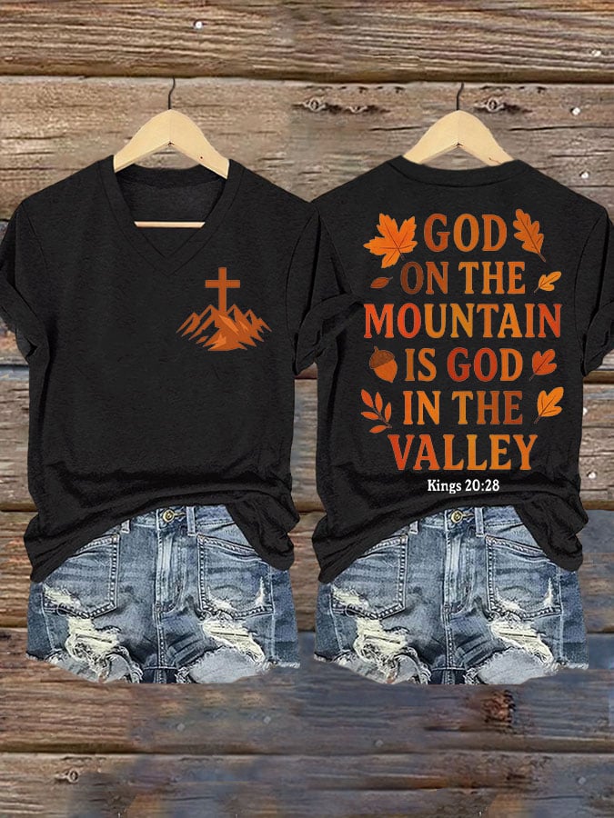The God of the Mountain is the God of the Valley Women's Autumn Print V-Neck T-Shirt