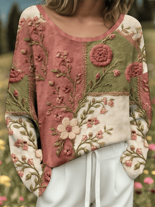 Women's Breast Cancer Flowers Print Drop Shoulder Sweater