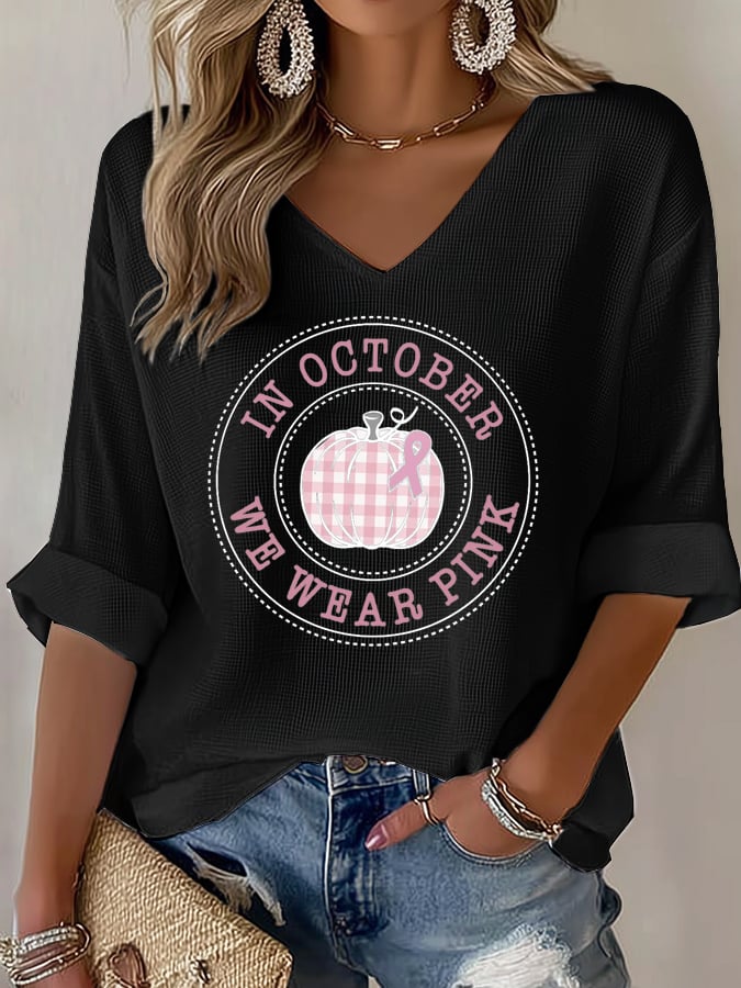 Women's In October We Wear Pink Waffle Long Sleeve T-shirt