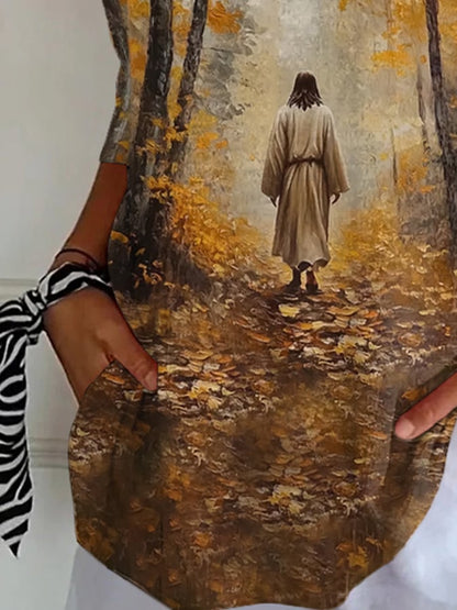 Women's Fall Faith Design Printed Striped Fabric Casual V-Neck Mid-Sleeve T-Shirt