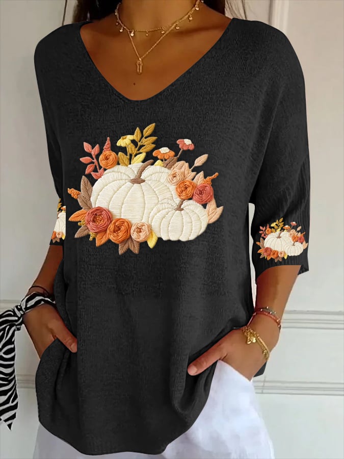 Women's Autumn Pumpkin Striped Three-quarter Sleeve Top