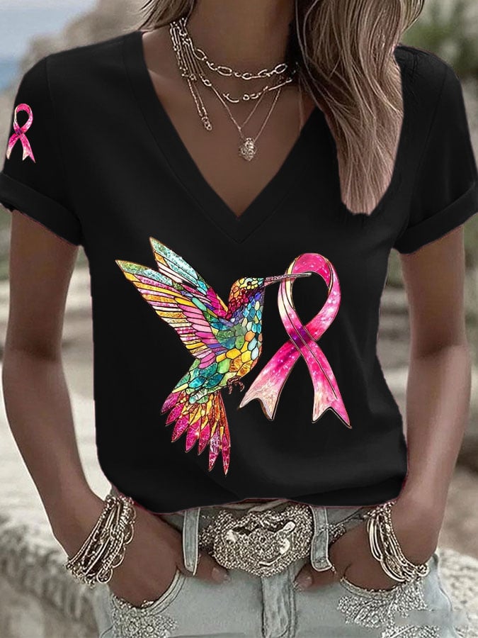 Women's Breast Cancer Hummingbird Ribbon Print Casual T-shirt