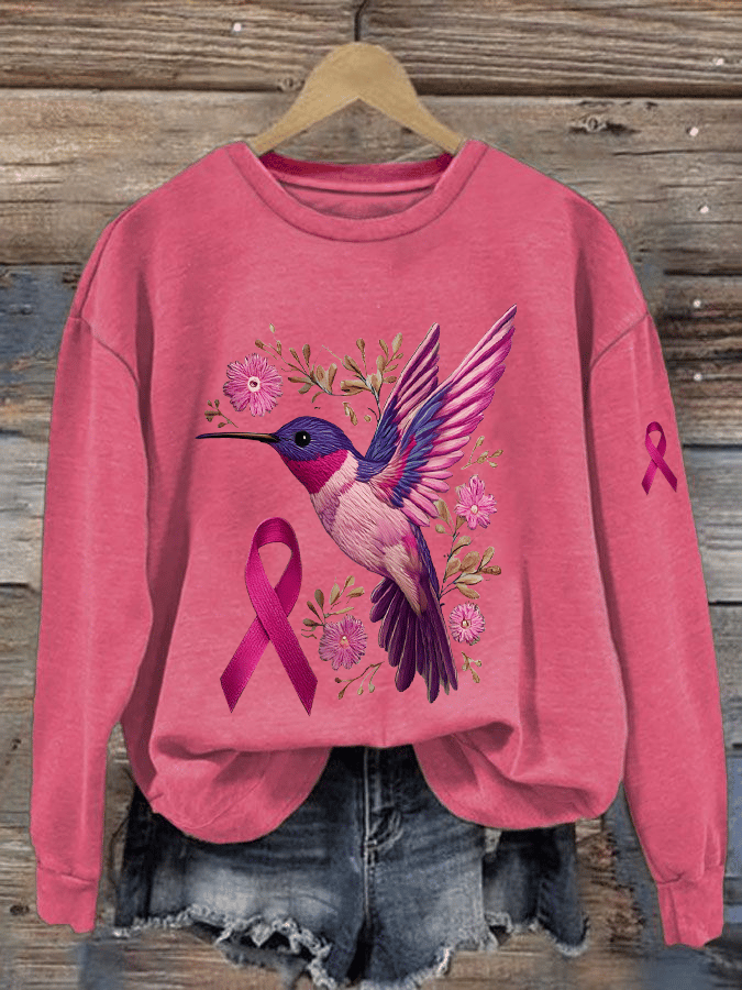Women's Breast Cancer Awareness Hummingbird Print Crew Neck Sweatshirt