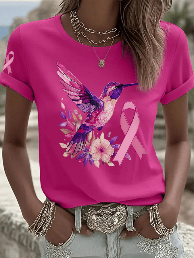 Women's Breast Cancer Hummingbird Print Crew Neck T-Shirt
