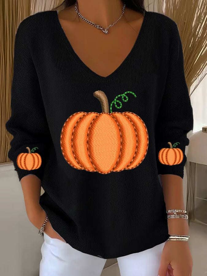 Women's Casual Pumpkin Floral Long Sleeve T-Shirt