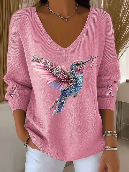 Women's Casual Breast Cancer Pink Hummingbird Print Long Sleeve T-Shirt