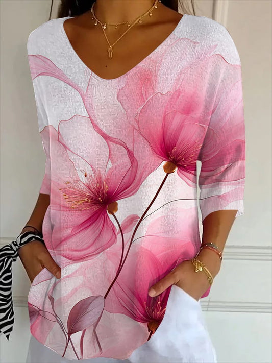 Women's Retro Pink Floral Striped T-Shirt