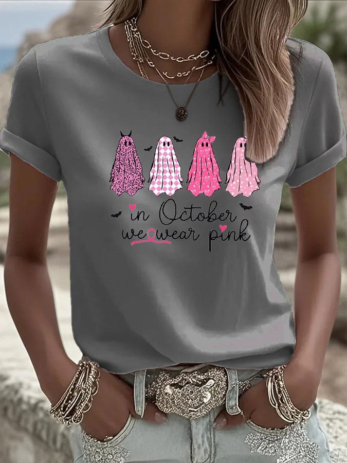 Women's In October We Wear Pink Ghosts Printed Casual T-Shirt