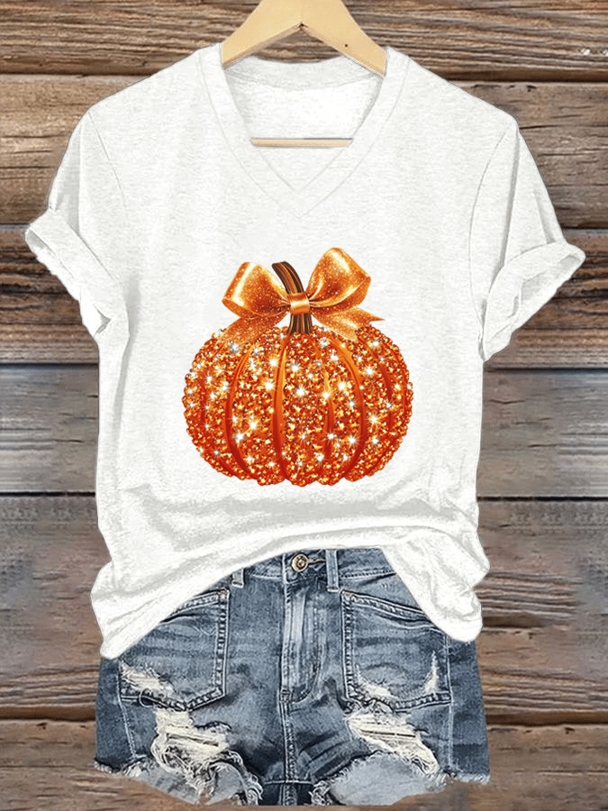Women's Autumn Sequin Pumpkin Print V-Neck T-Shirt