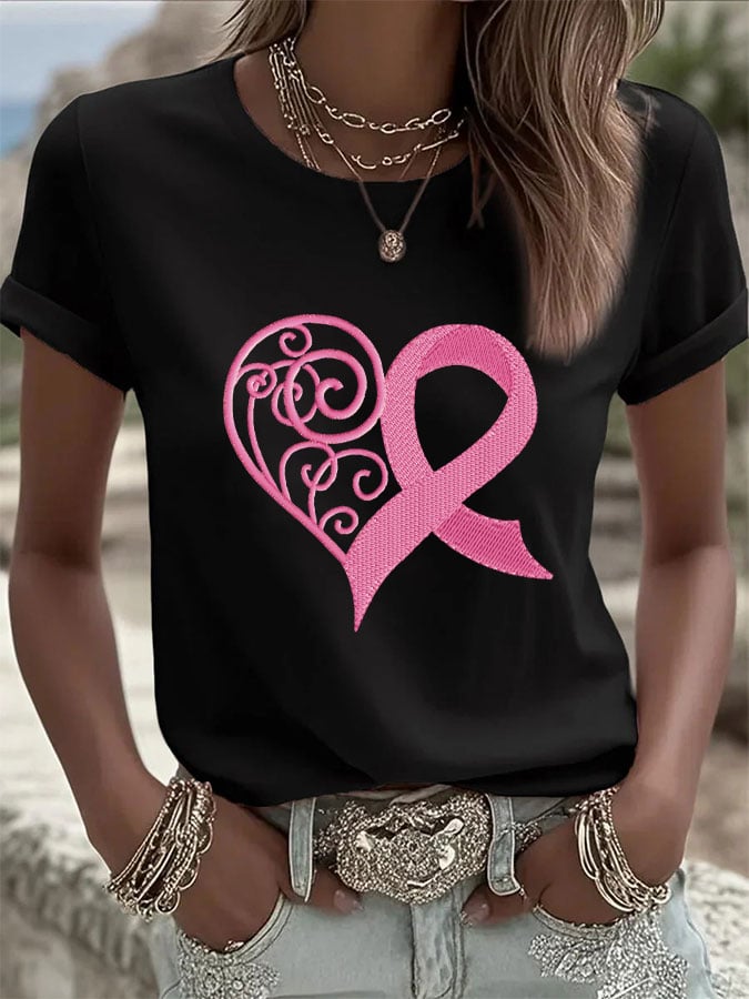 Women's Breast Cancer Heart Print Casual T-shirt