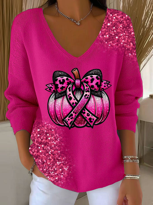 Women's Breast Cancer Sequin Pumpkin Print Casual Striped Fabric Long Sleeve T-Shirt