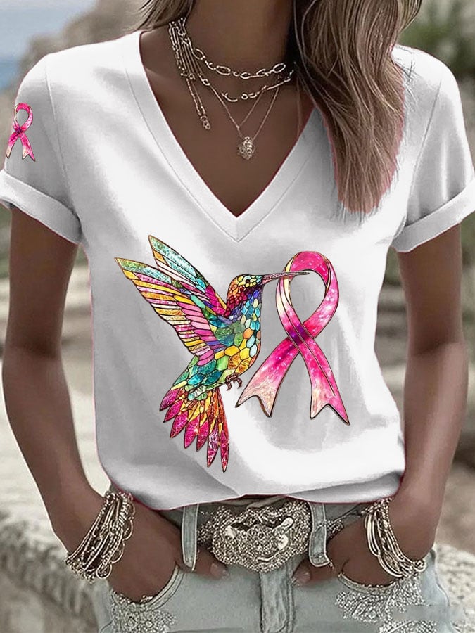 Women's Breast Cancer Hummingbird Ribbon Print Casual T-shirt