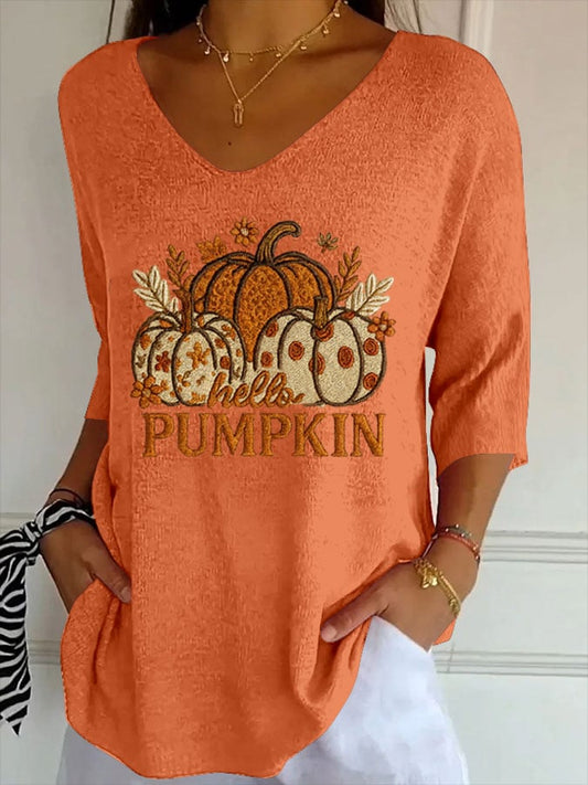 Women's Pumpkin Print Ribbed Fabric Casual V-Neck T-Shirt