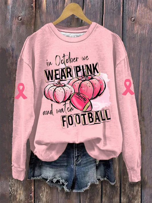 Women's Breast Cancer Awareness Rugby In October We Wear Pink Football Print Crew Neck Sweatshirt