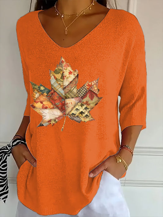 Women's Autumn Maple Leaf Printed T-Shirt